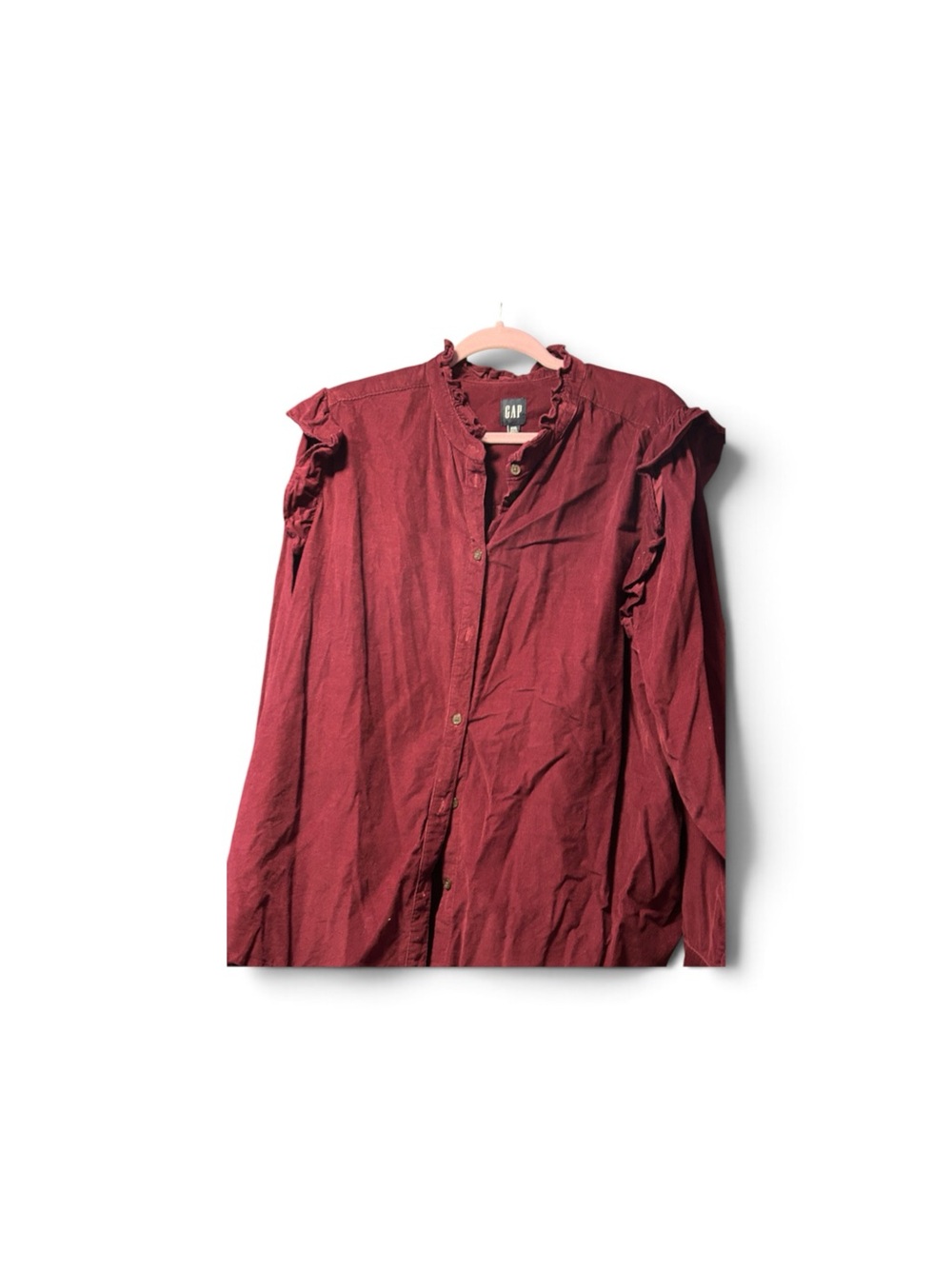 GAP Women's Ruffle-Trim Button-Up Jacket in Burgundy